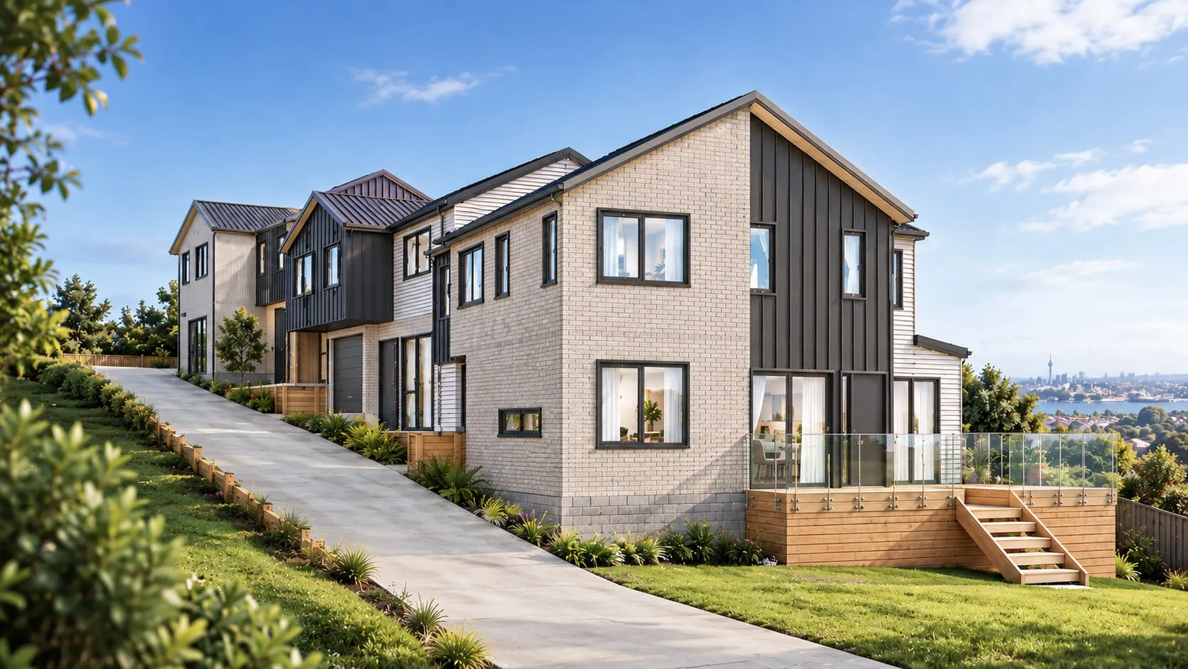 Shared concrete accessway climbing a sloping site beside three new two-storey townhouses